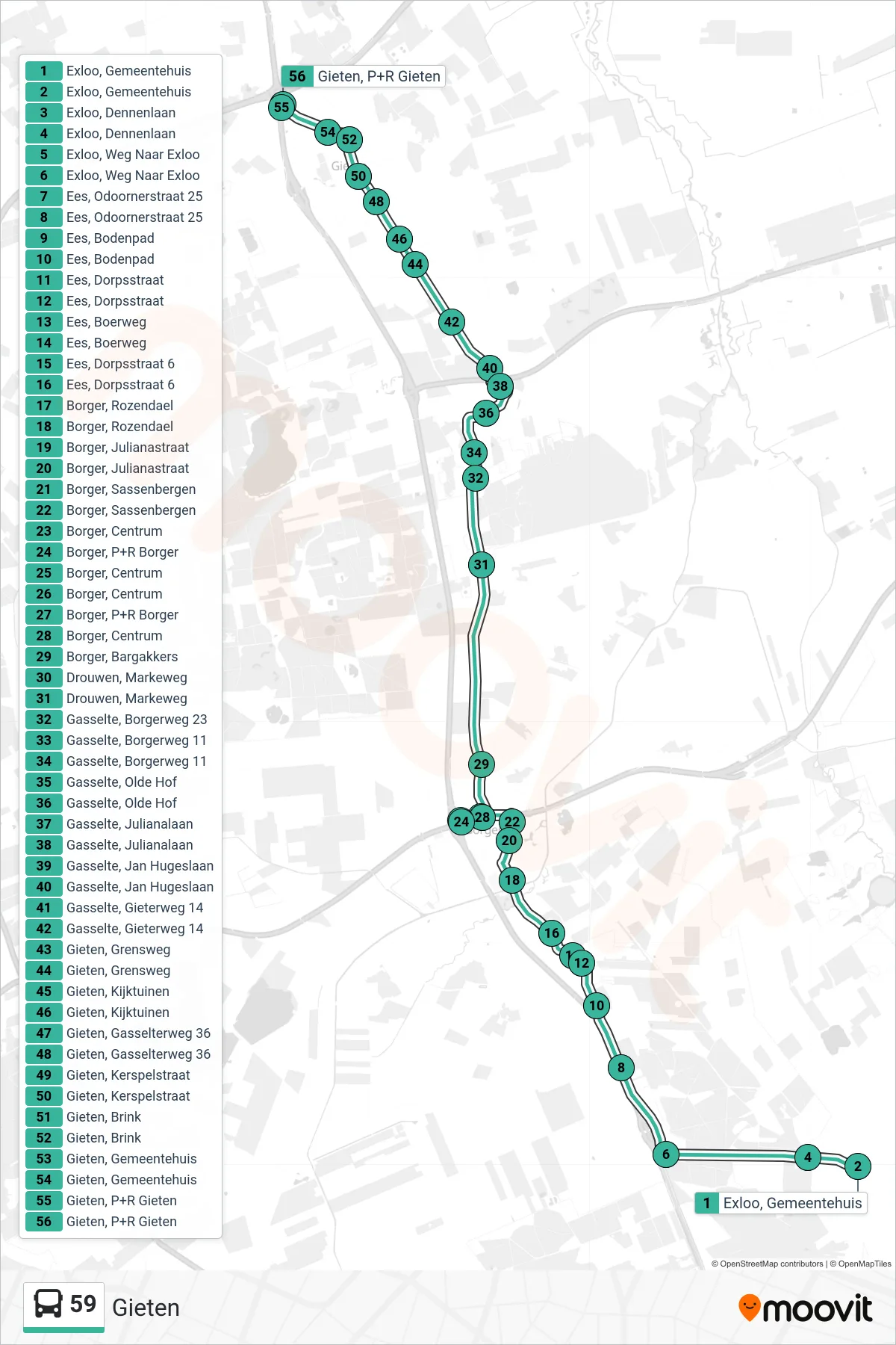 Lijn 59 (bus, Gieten): route en haltes op de kaart