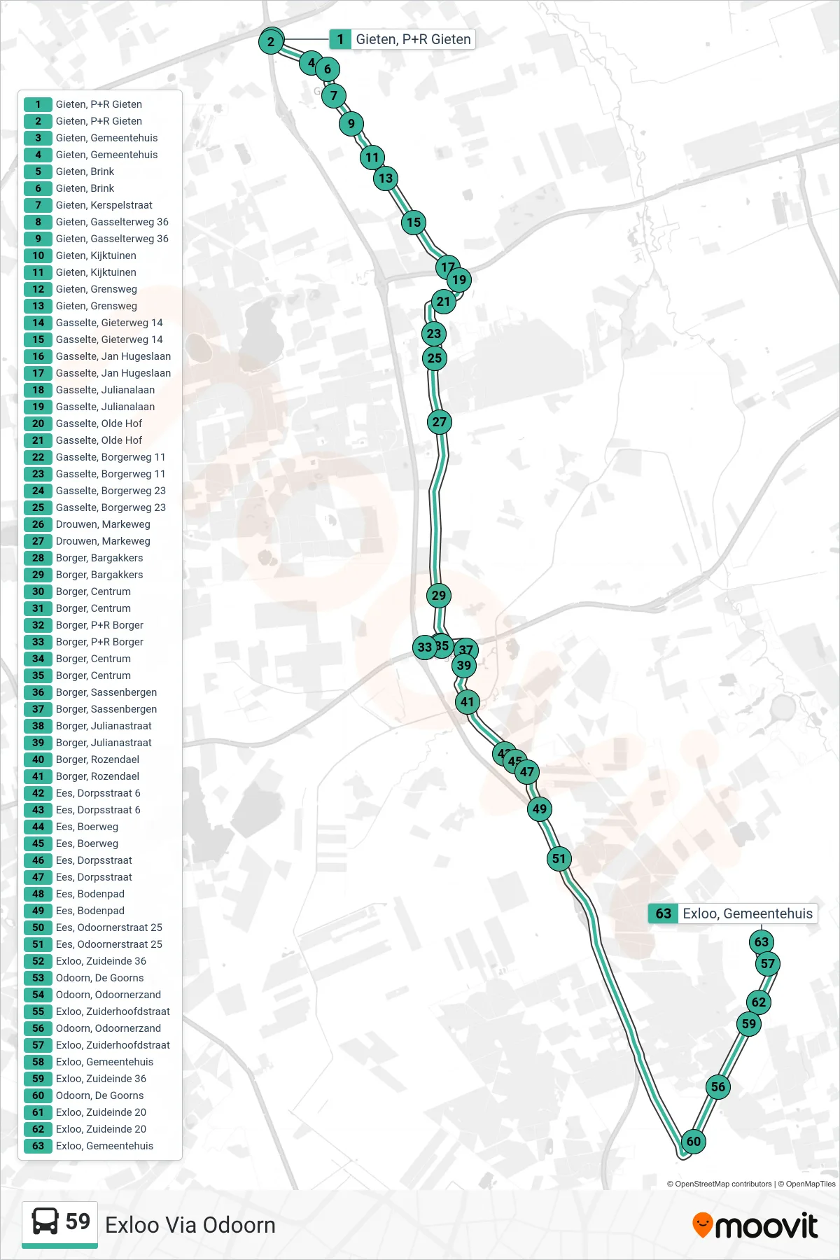 Lijn 59 (bus, Exloo Via Odoorn): route en haltes op de kaart