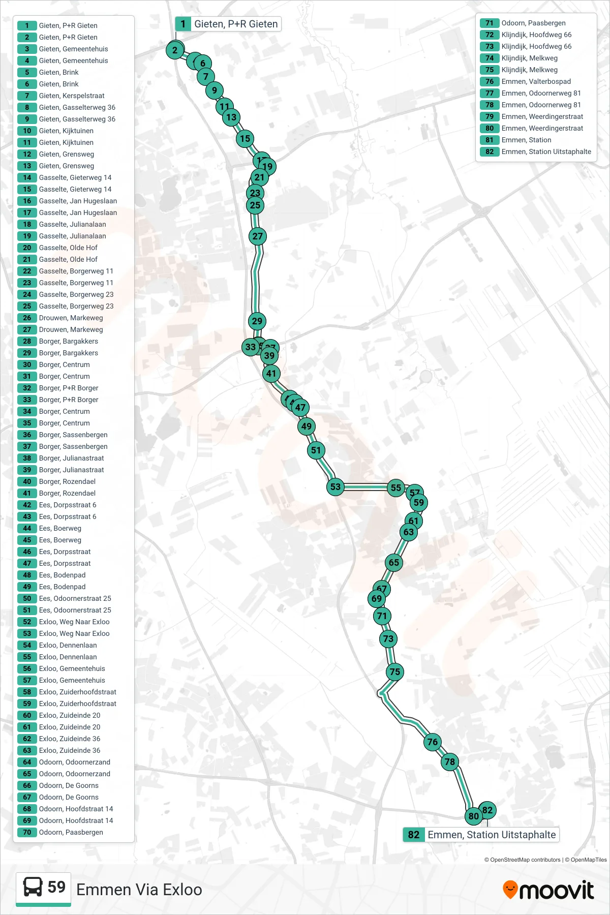 Lijn 59 (bus, Emmen Via Exloo): route en haltes op de kaart
