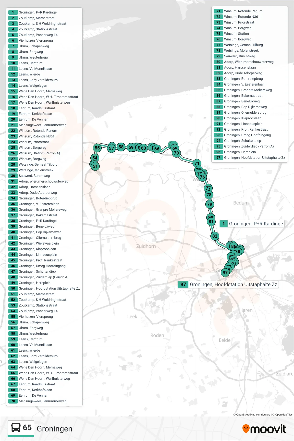 Lijn 65 (bus, Groningen): route en haltes op de kaart