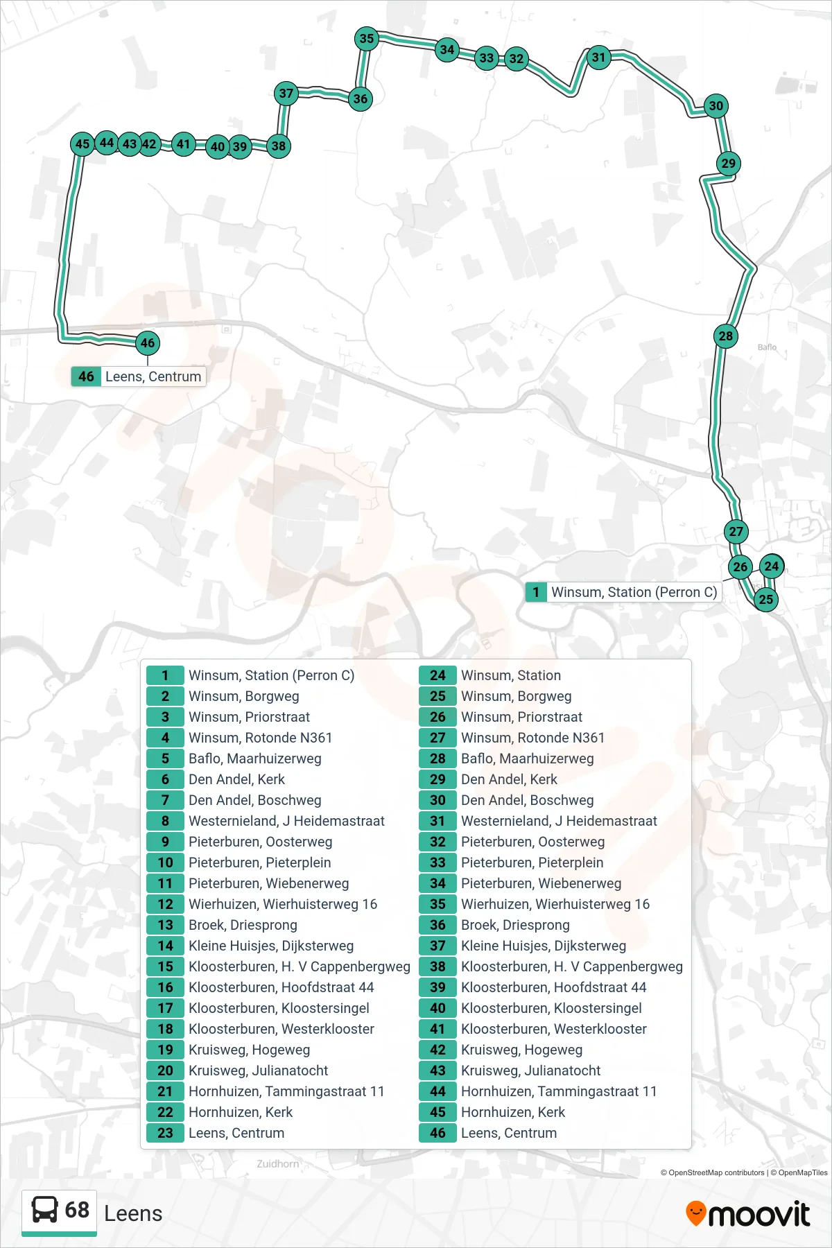 Lijn 68 (bus, Leens): route en haltes op de kaart