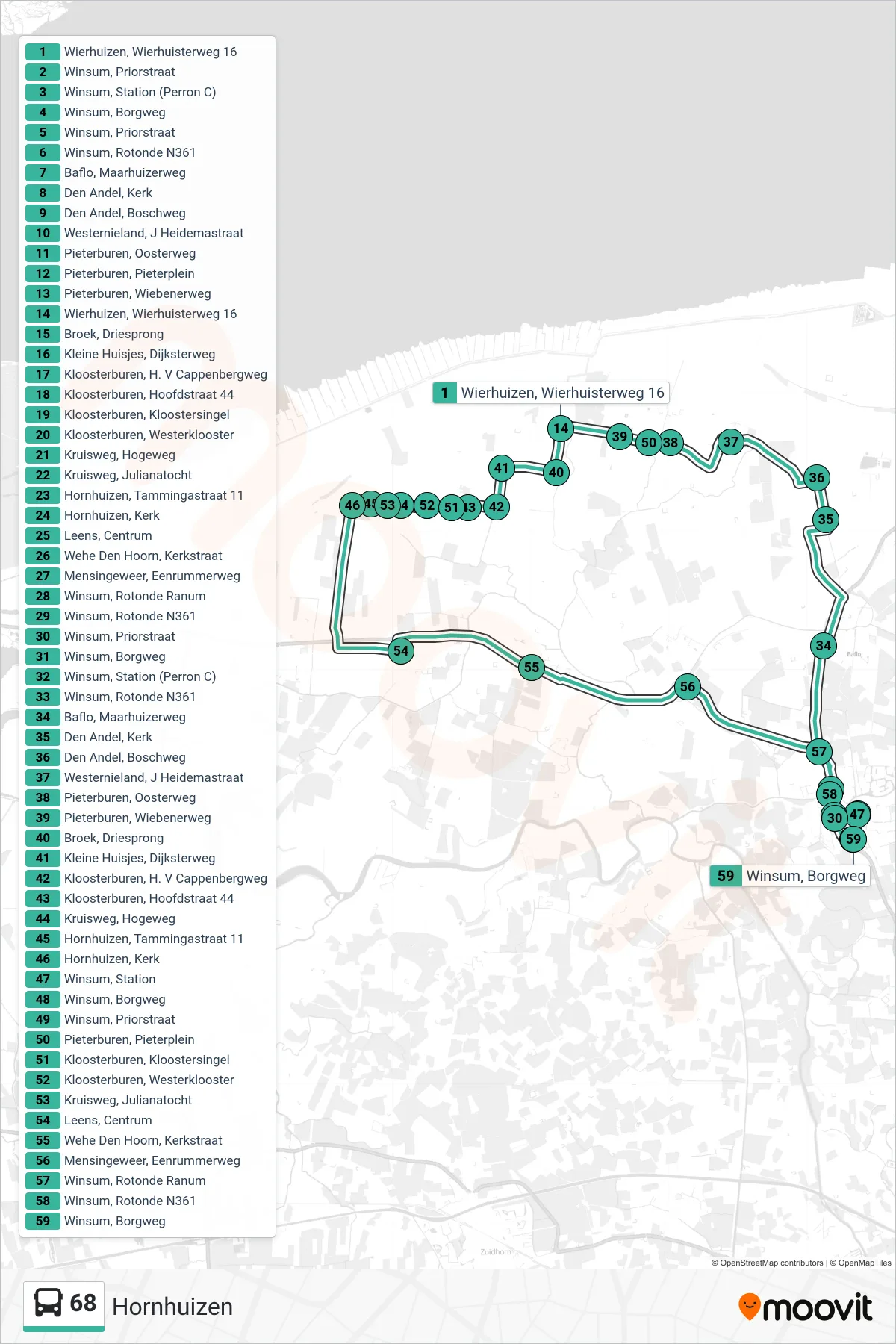 Lijn 68 (bus, Hornhuizen): route en haltes op de kaart