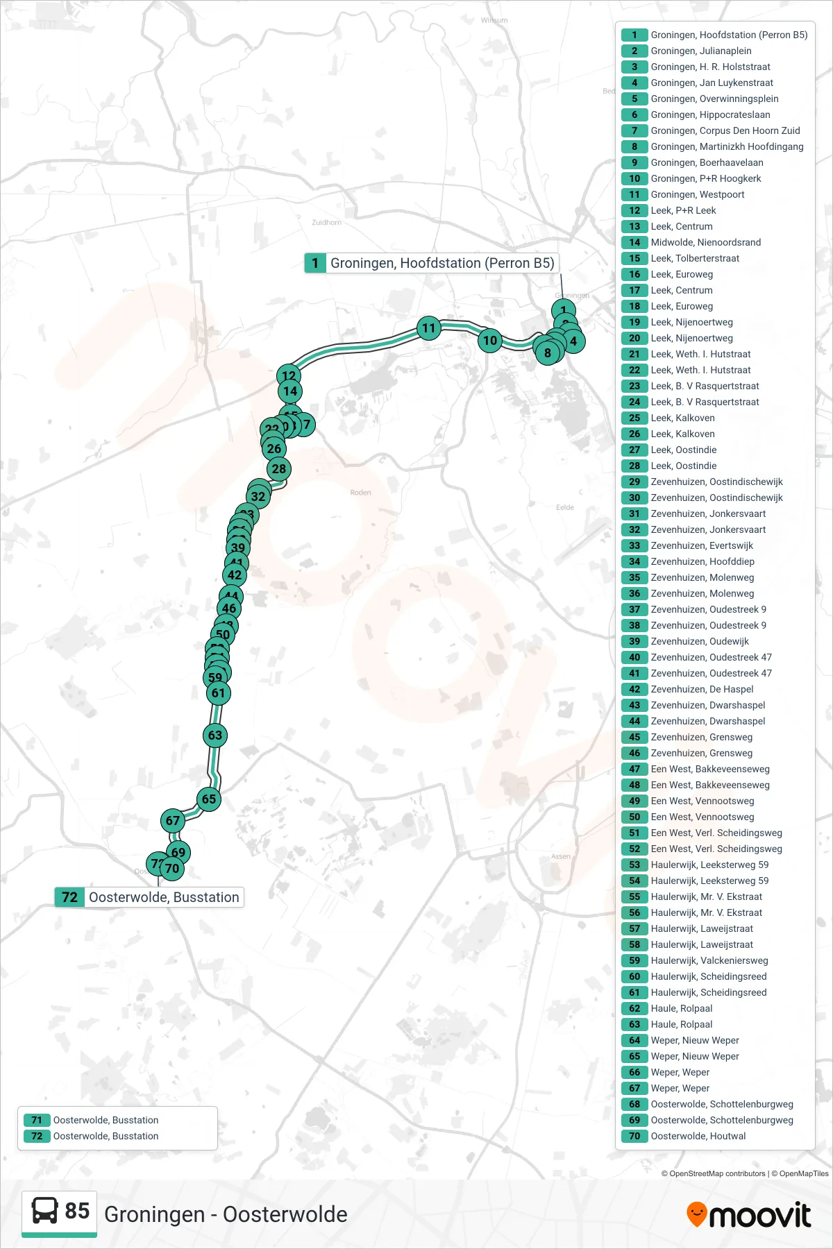 Lijn 85 (bus, Oosterwolde): route en haltes op de kaart