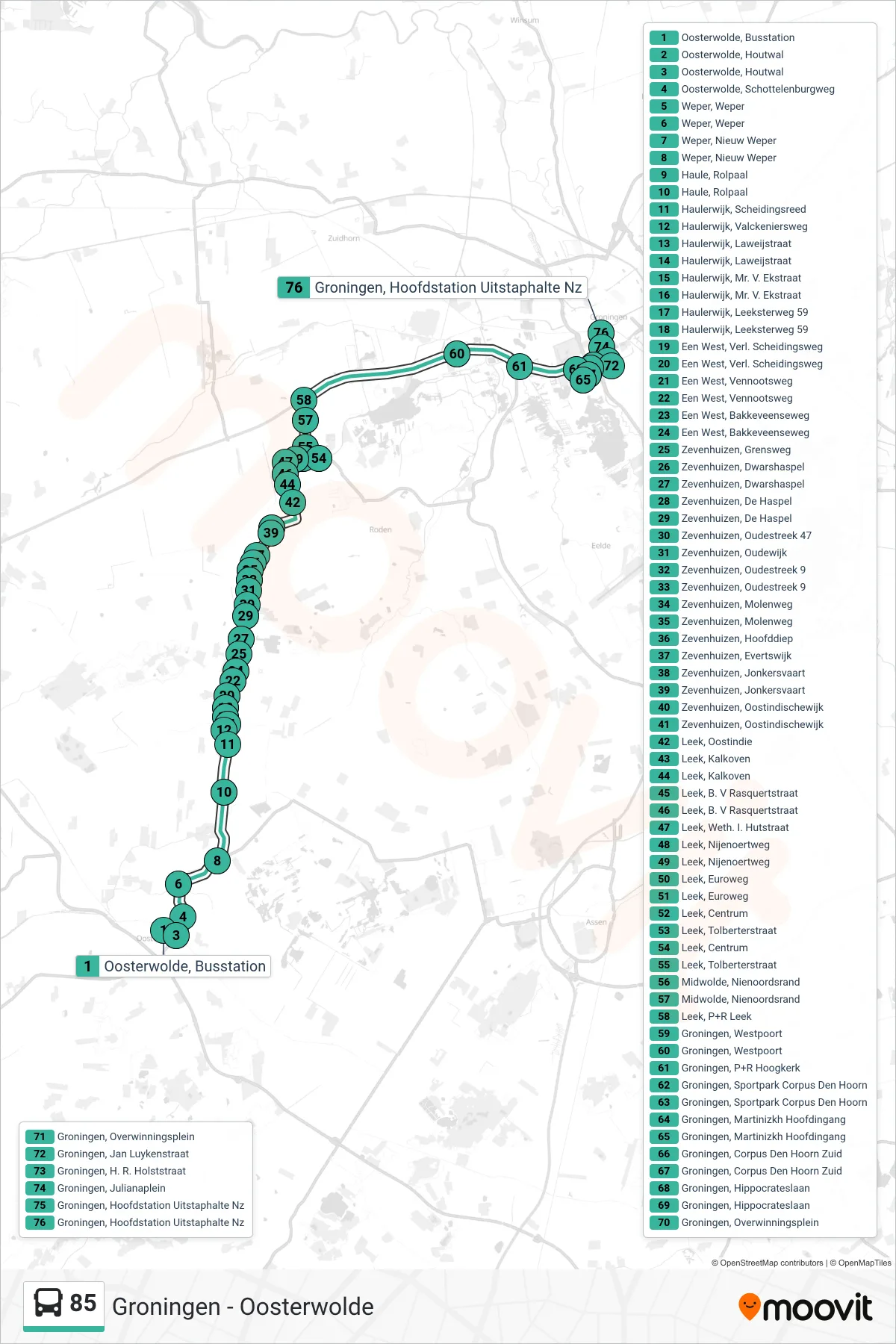 Linie 85 (Bus) Richtung Groningen: Route und Haltestellen auf der Karte