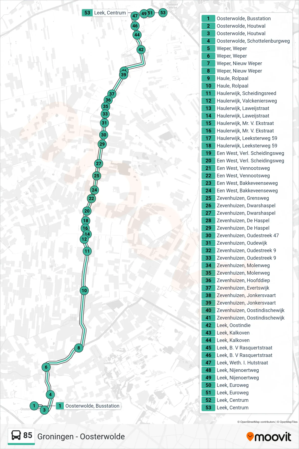 Linie 85 (Bus) Richtung Leek: Route und Haltestellen auf der Karte