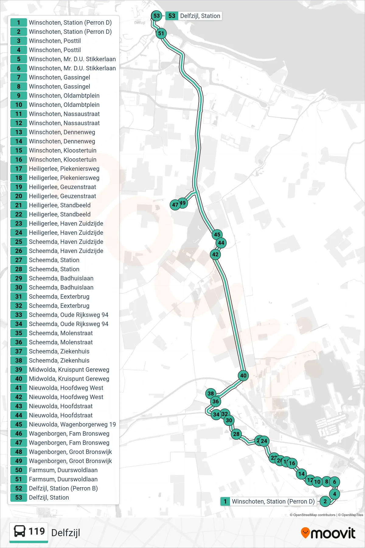 Lijn 119 (bus, Delfzijl): route en haltes op de kaart