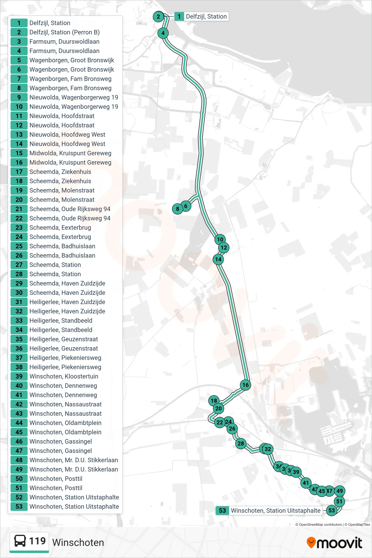 Lijn 119 (bus, Winschoten): route en haltes op de kaart