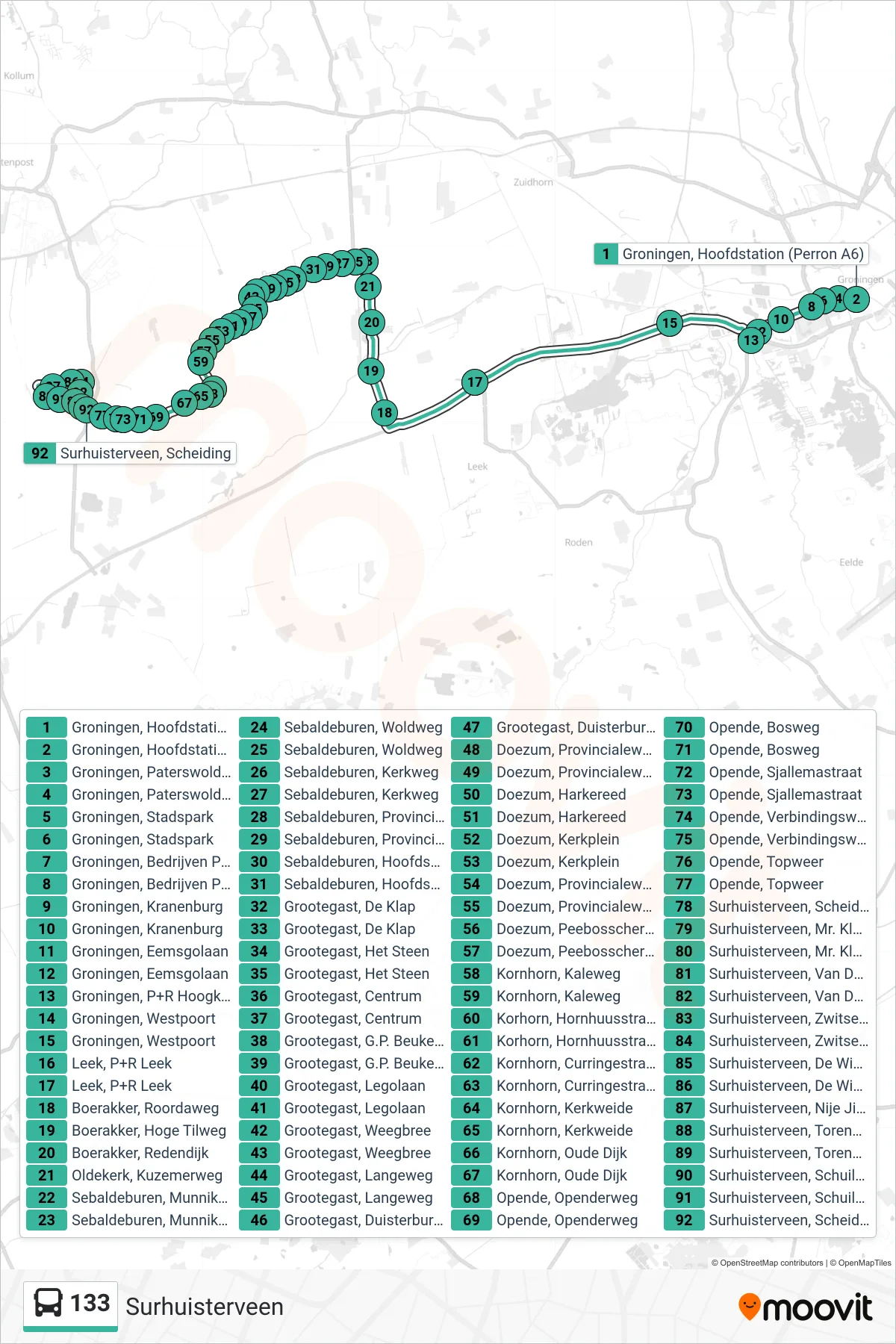 Lijn 133 (bus, Surhuisterveen): route en haltes op de kaart