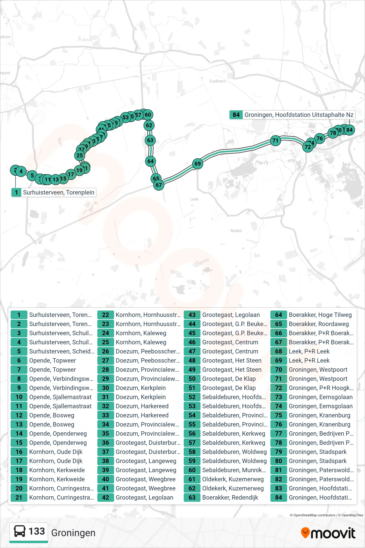 133 bus Line (Groningen) route and stops on a map