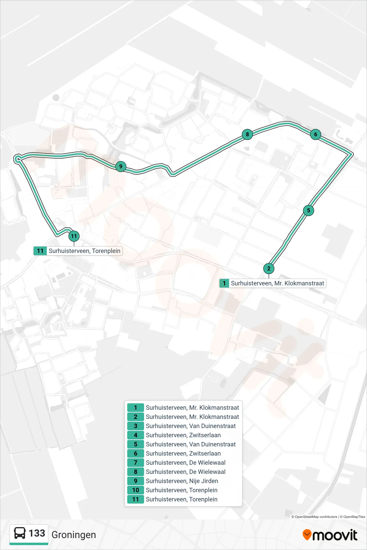 133 bus Line (Groningen) route and stops on a map