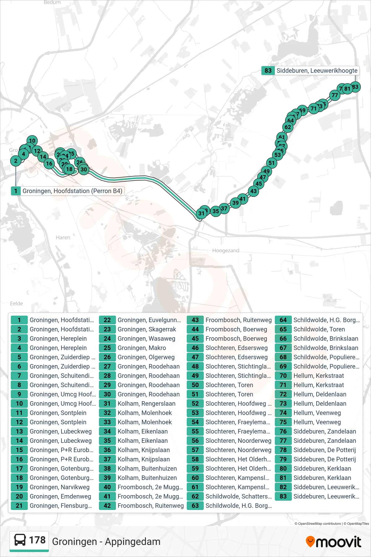 Lijn 178 (bus, Siddeburen): route en haltes op de kaart