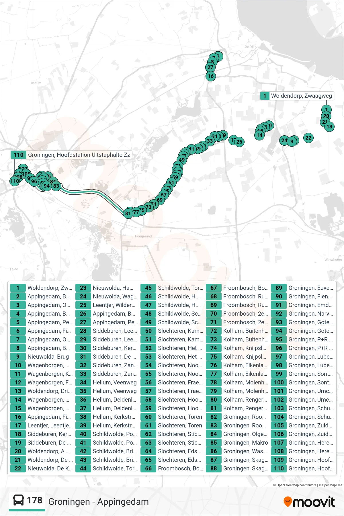 Lijn 178 (bus, Groningen): route en haltes op de kaart