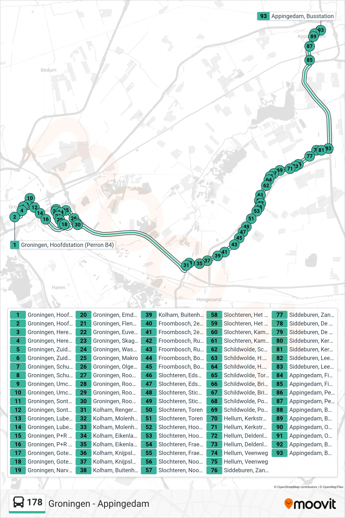 Lijn 178 (bus, Appingedam): route en haltes op de kaart