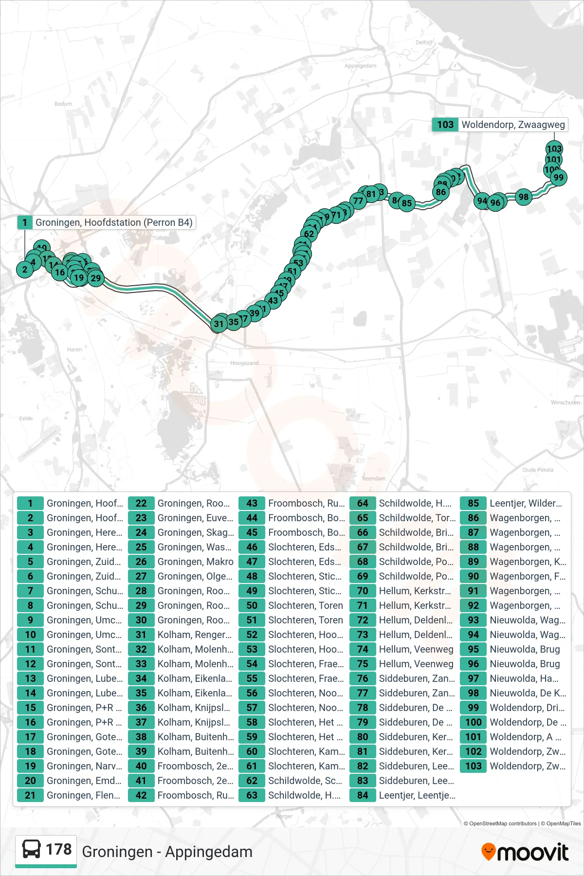 Lijn 178 (bus, Woldendorp): route en haltes op de kaart