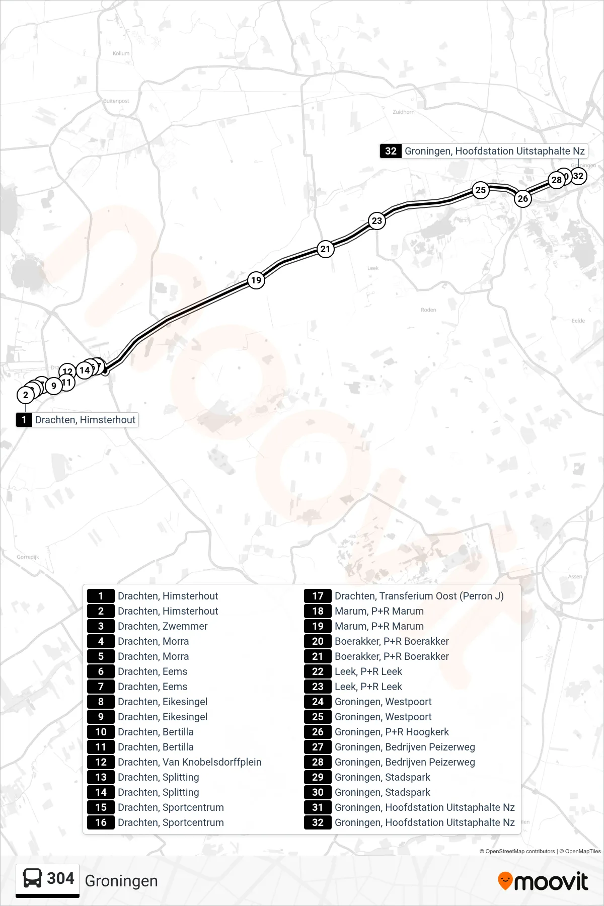 Lijn 304 (bus, Groningen): route en haltes op de kaart