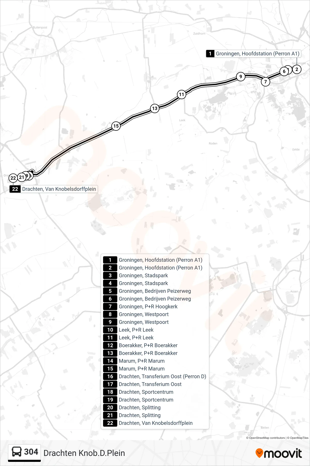 304 bus Line (Drachten Knob.D.Plein) route and stops on a map