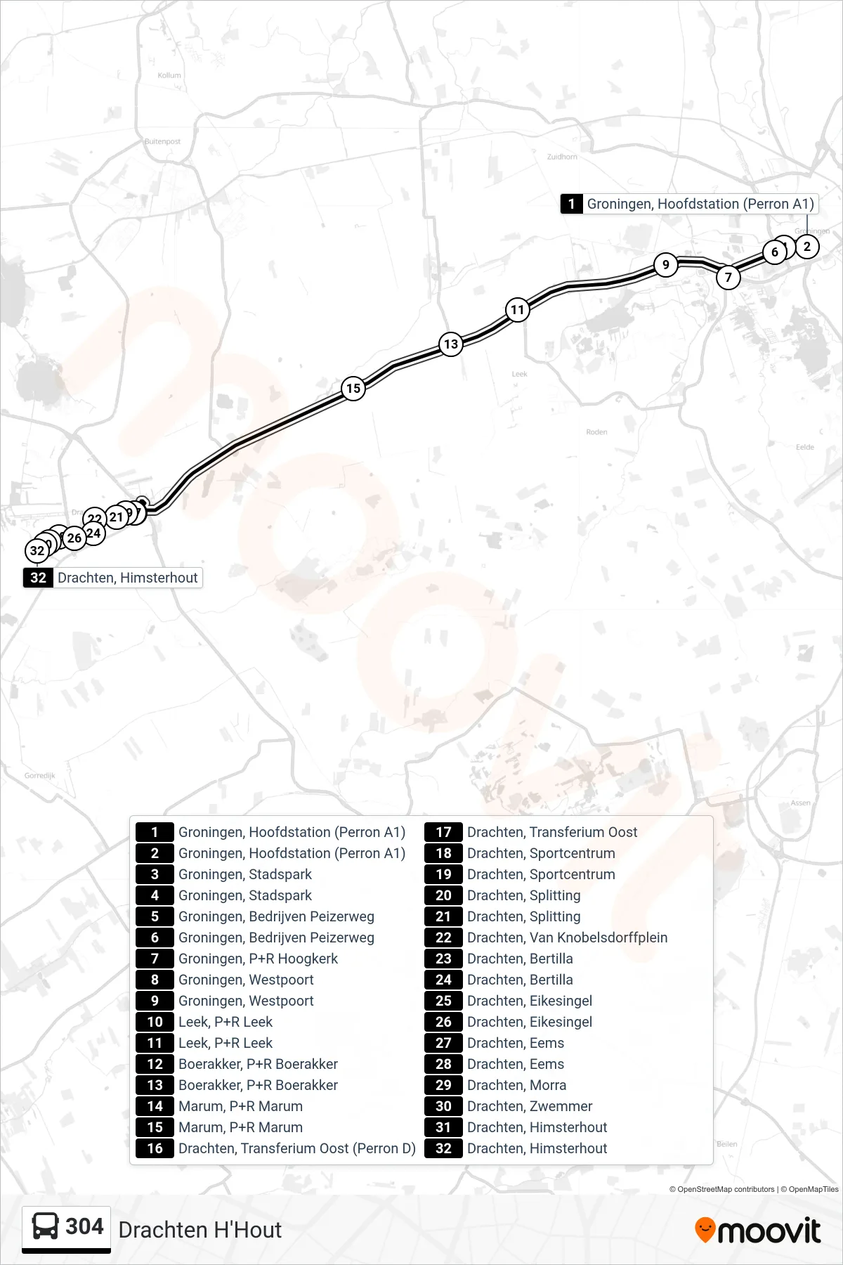 Lijn 304 (bus, Drachten H'Hout): route en haltes op de kaart