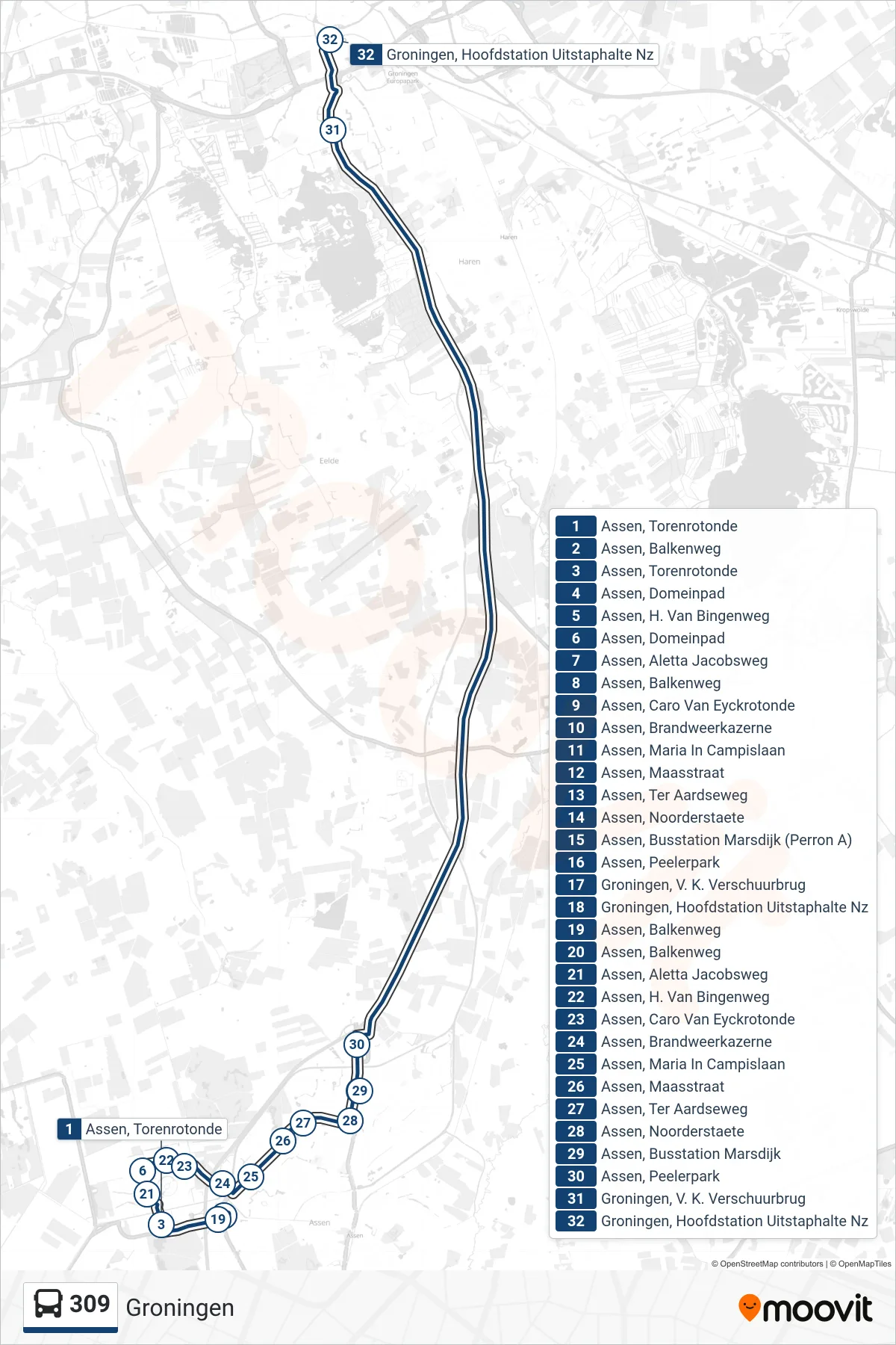 Lijn 309 (bus, Groningen): route en haltes op de kaart