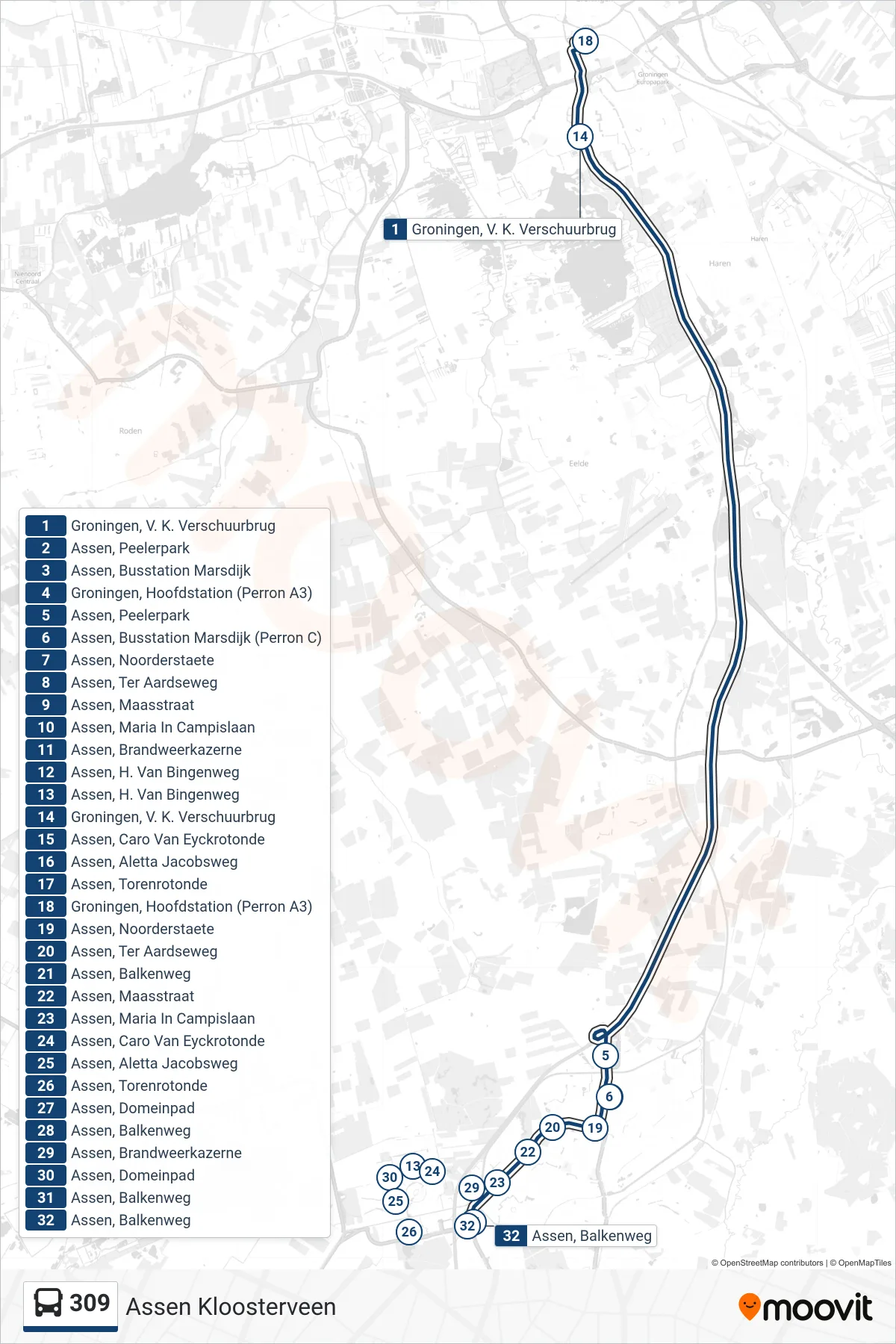 Lijn 309 (bus, Assen Kloosterveen): route en haltes op de kaart