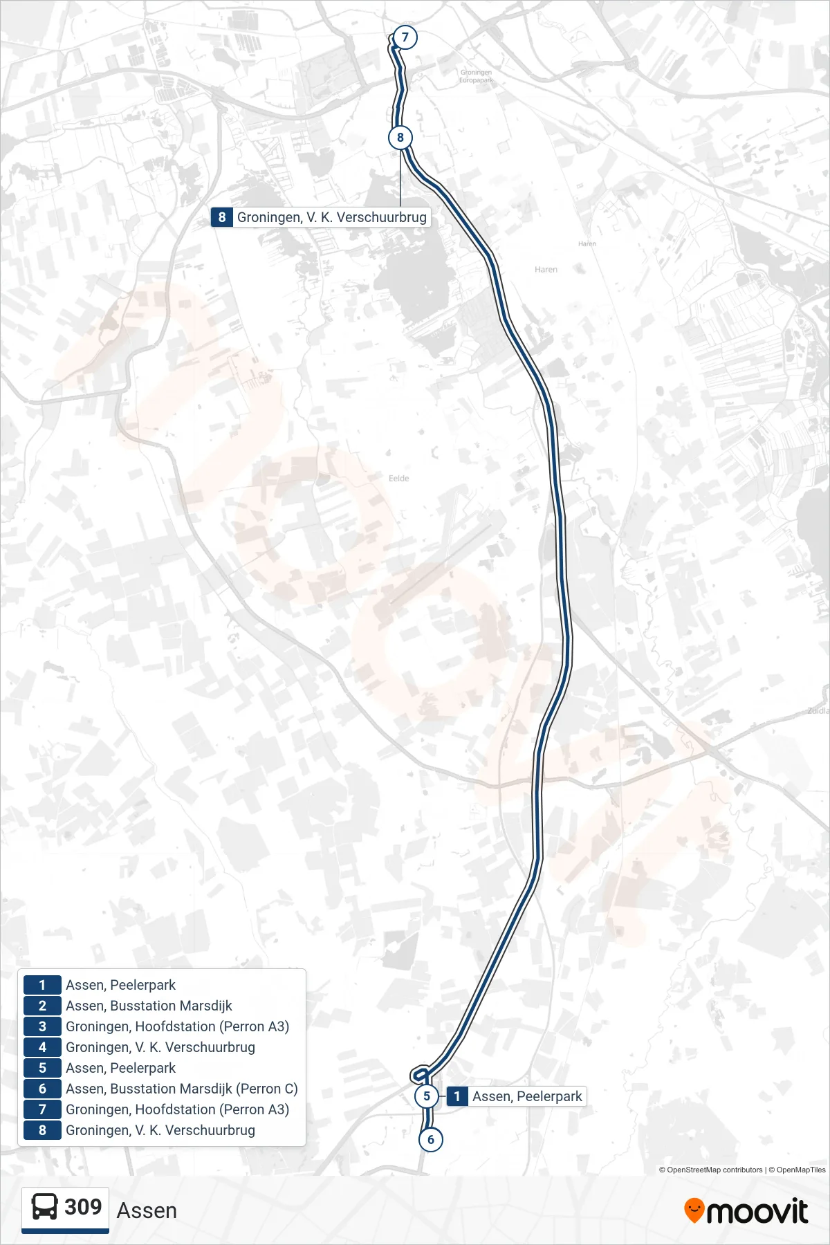 309 bus Line (Assen) route and stops on a map