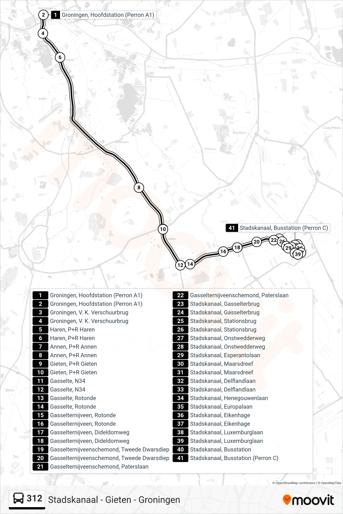 Lijn 312 (bus, Stadskanaal): route en haltes op de kaart
