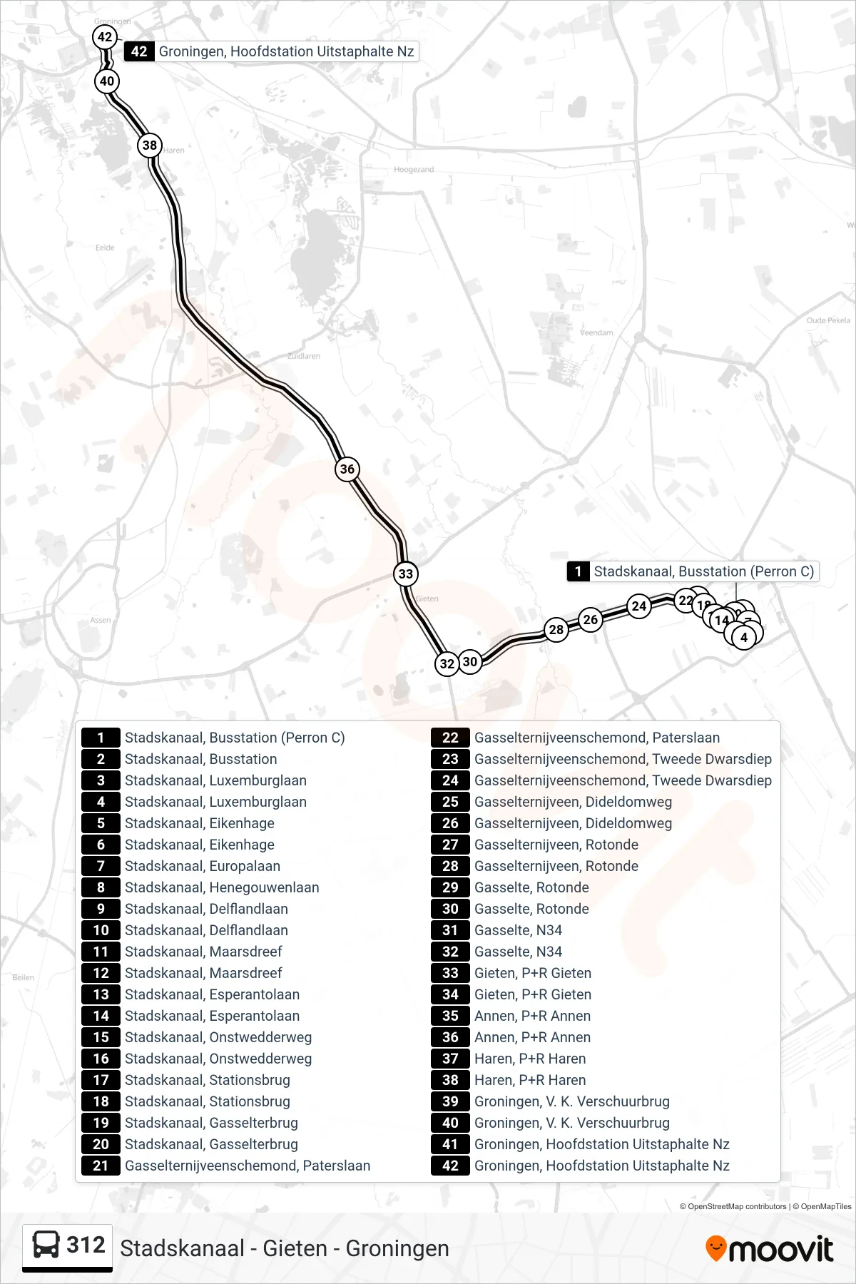 Lijn 312 (bus, Groningen): route en haltes op de kaart
