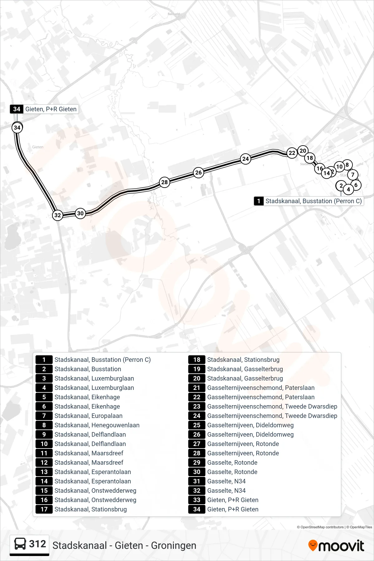 312 bus Line (Gieten) route and stops on a map