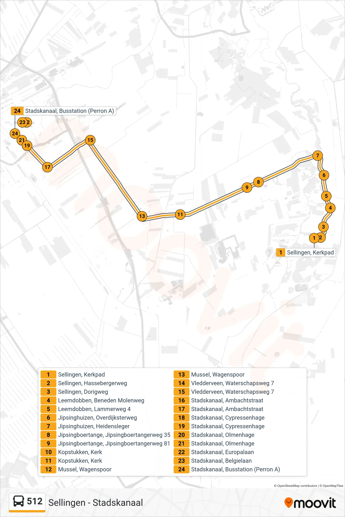 Lijn 512 (bus, Stadskanaal): route en haltes op de kaart