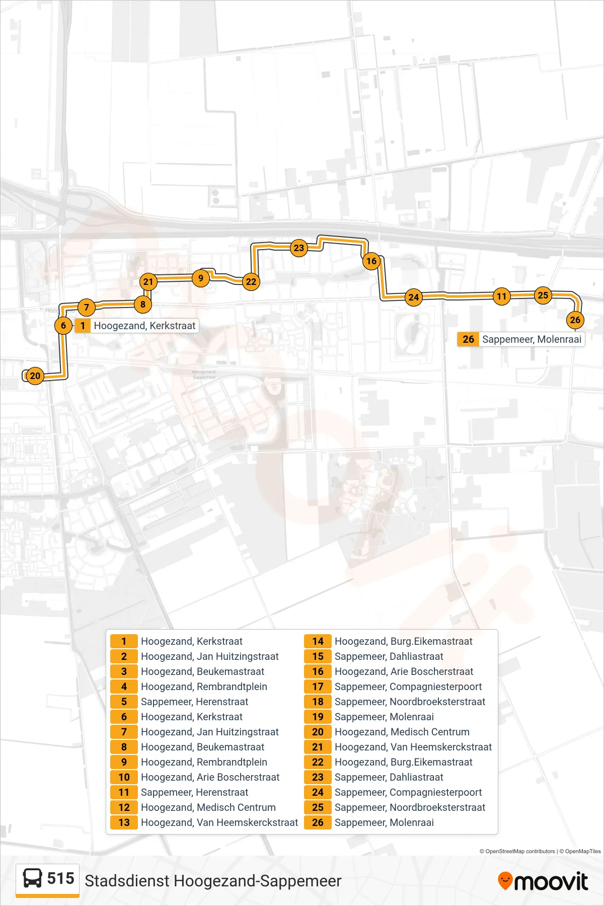 Lijn 515 (bus, Sappemeer): route en haltes op de kaart