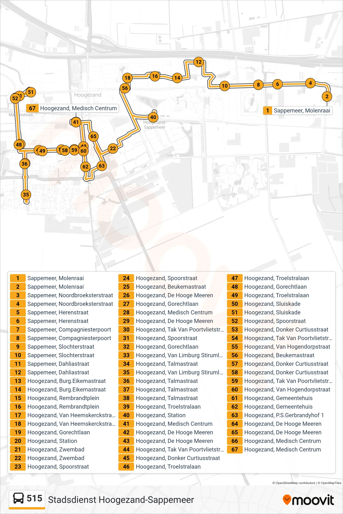 Lijn 515 (bus, De Hooge Meeren): route en haltes op de kaart