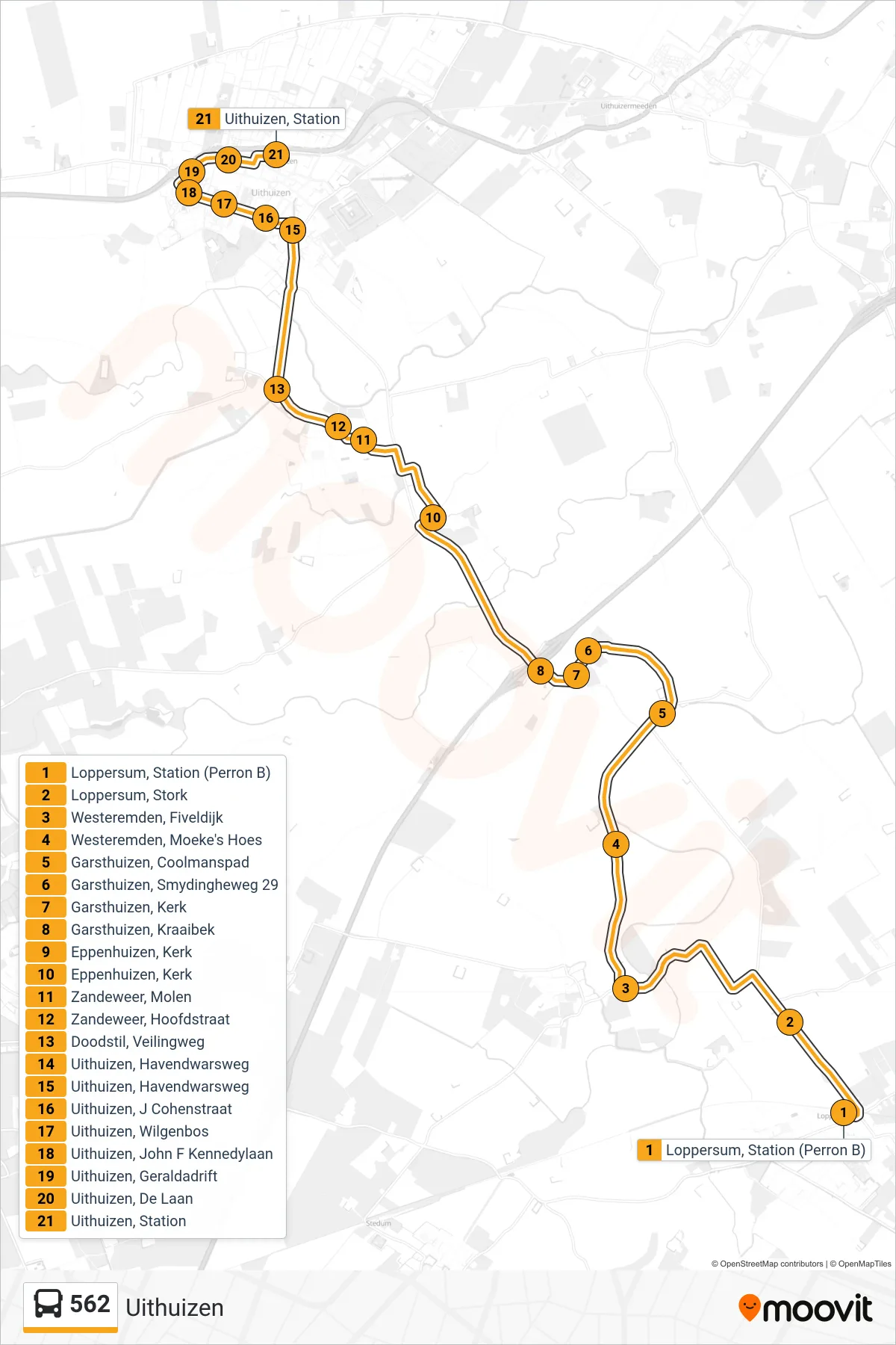 Lijn 562 (bus, Uithuizen): route en haltes op de kaart