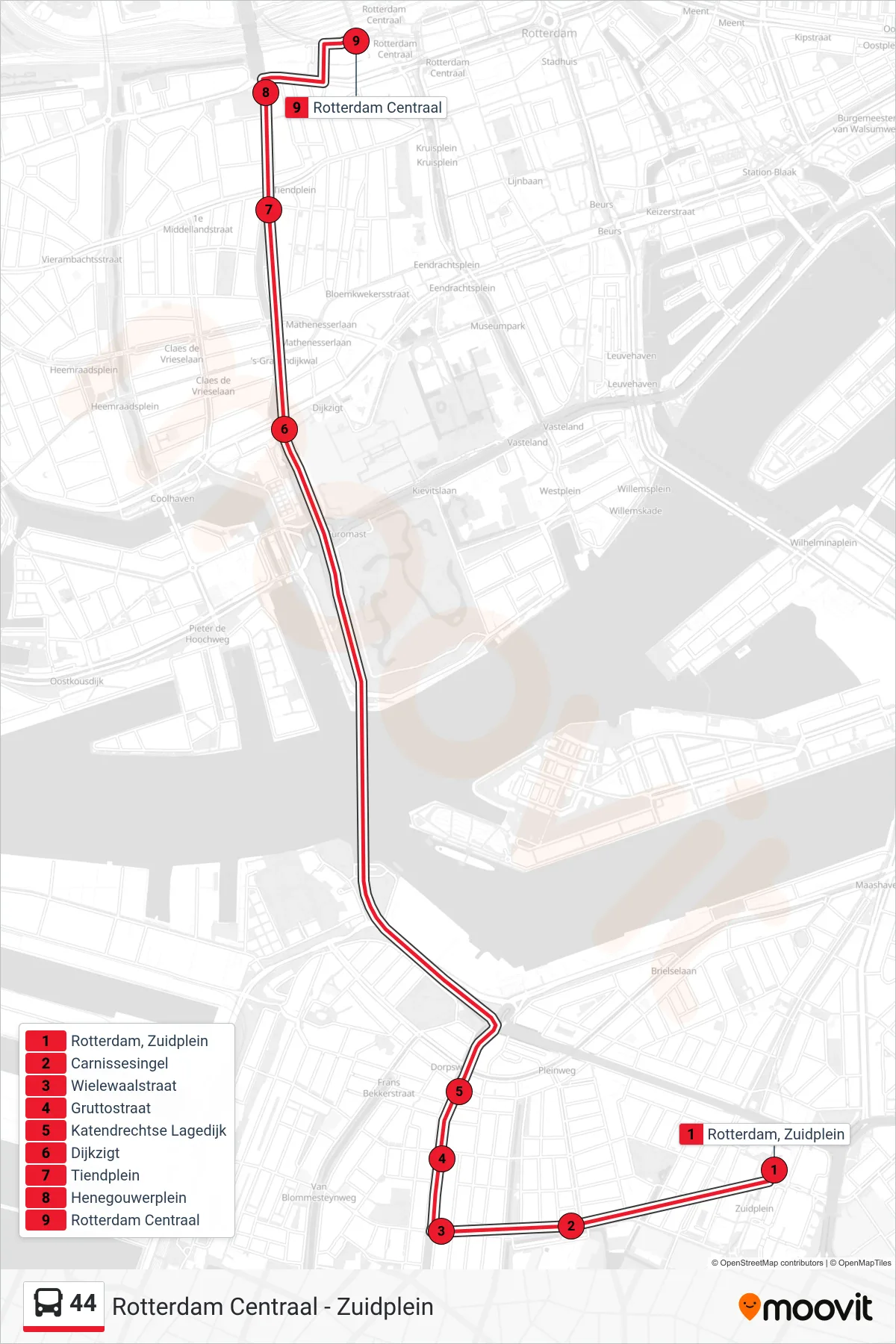 Lijn 44 (bus, Rotterdam Centraal): route en haltes op de kaart