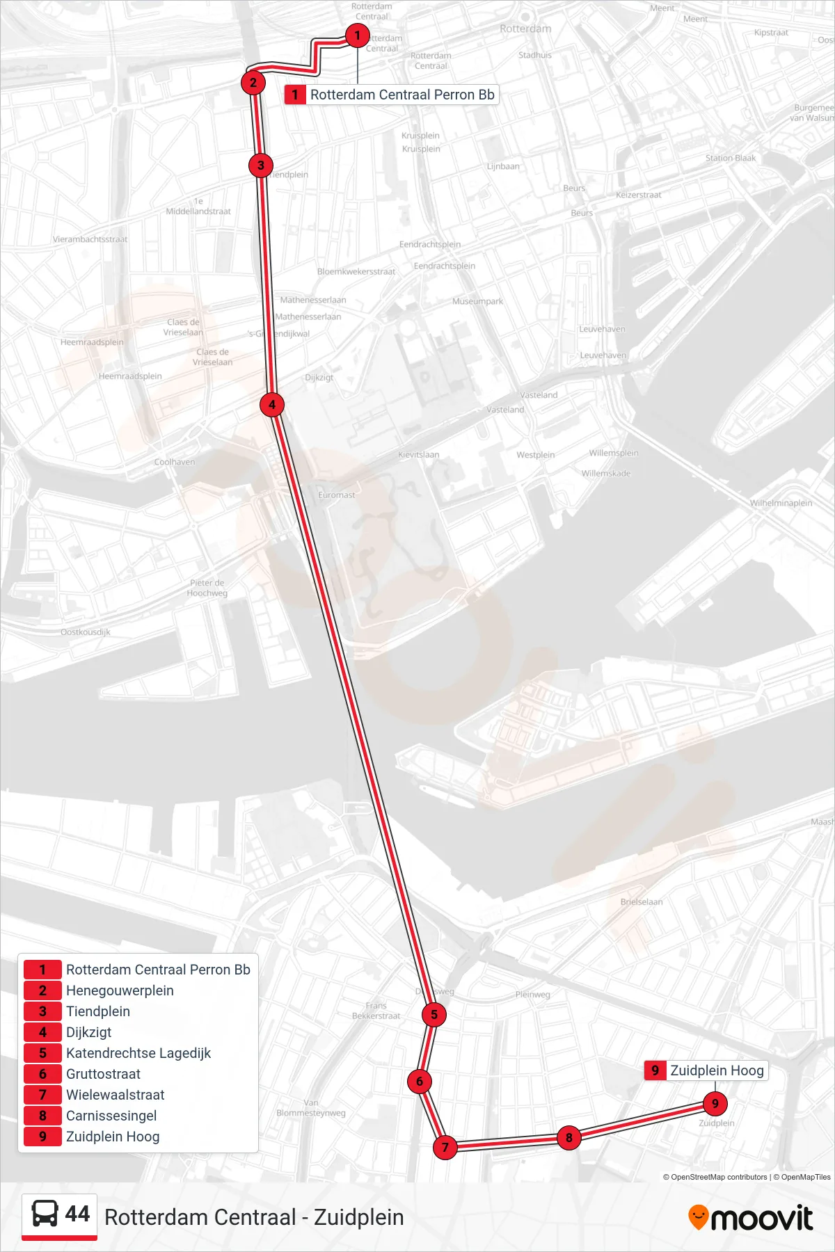 Lijn 44 (bus, Zuidplein): route en haltes op de kaart
