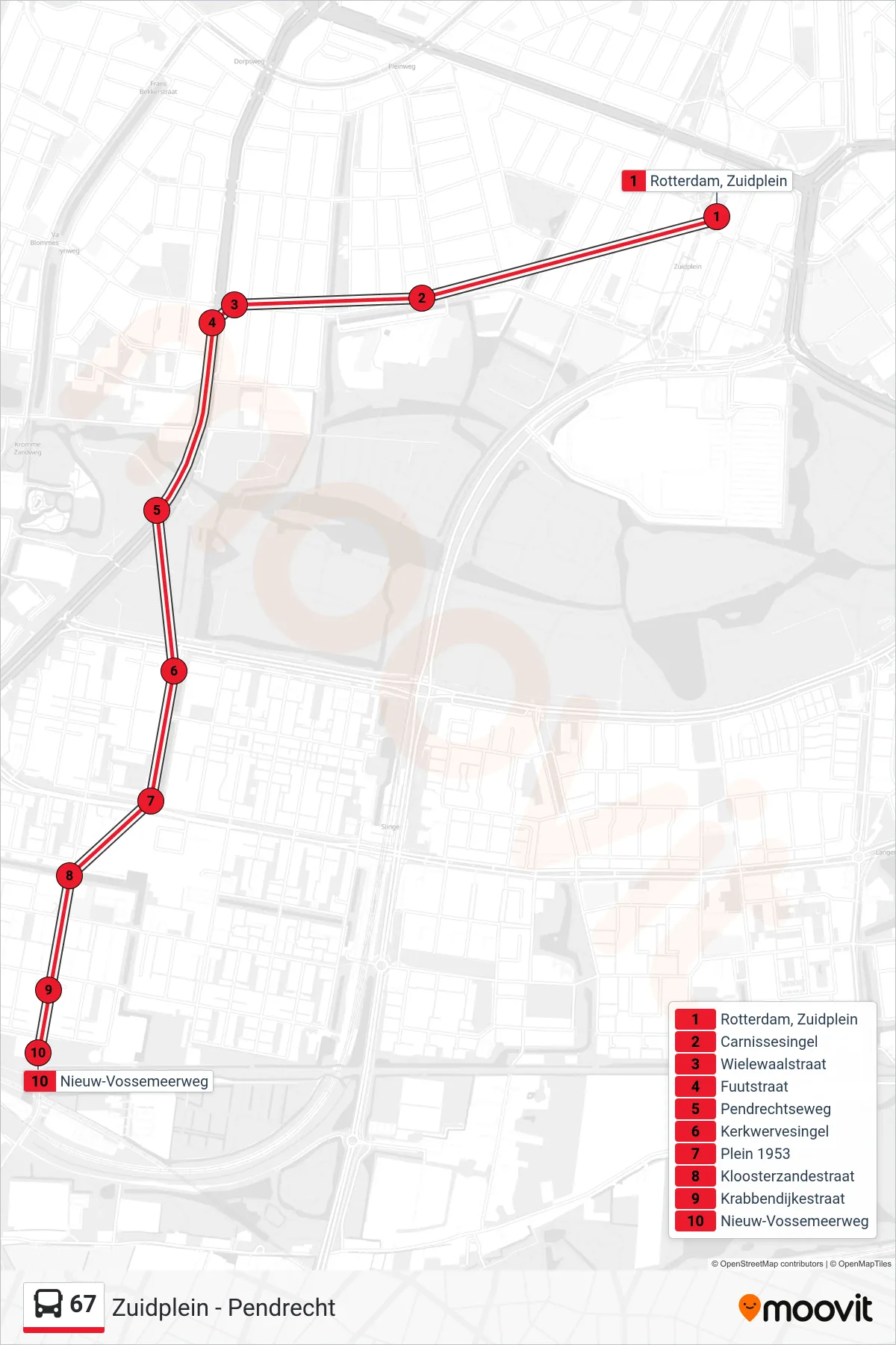 Lijn 67 (bus, Pendrecht): route en haltes op de kaart