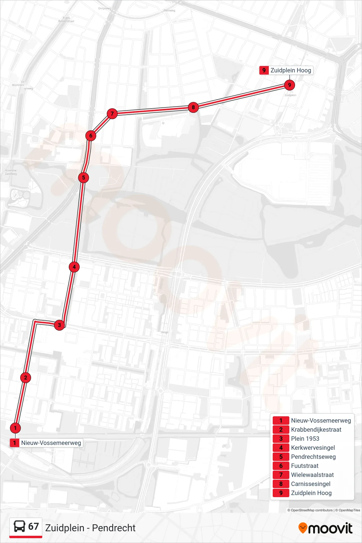 Lijn 67 (bus, Zuidplein): route en haltes op de kaart