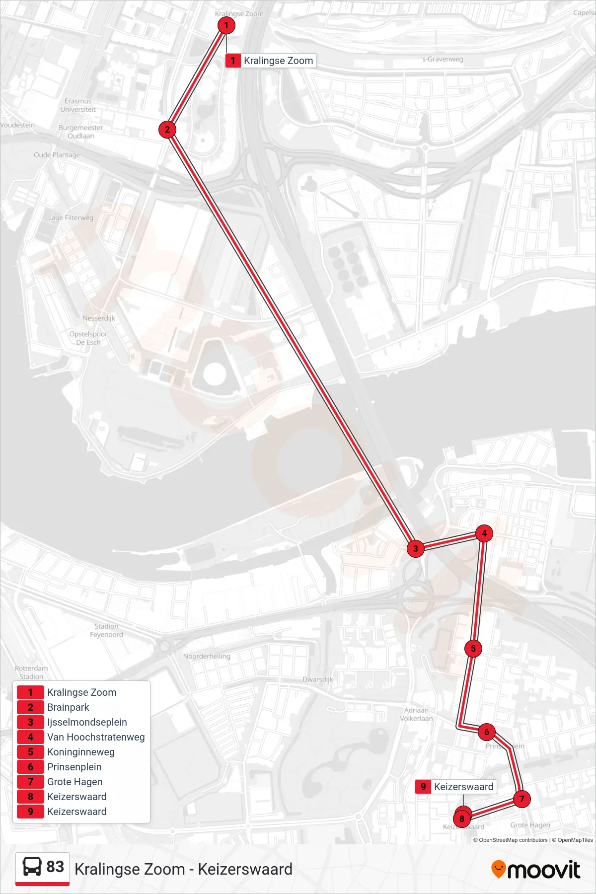 Lijn 83 (bus, Keizerswaard): route en haltes op de kaart