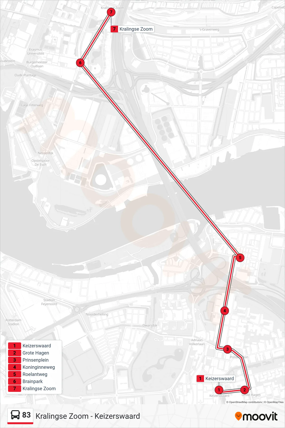 Lijn 83 (bus, Kralingse Zoom): route en haltes op de kaart