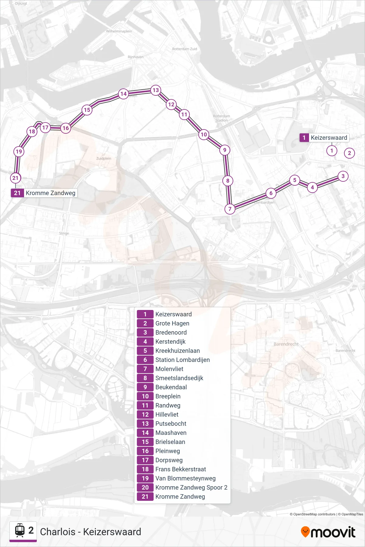 Lijn 2 (tram, Charlois): route en haltes op de kaart