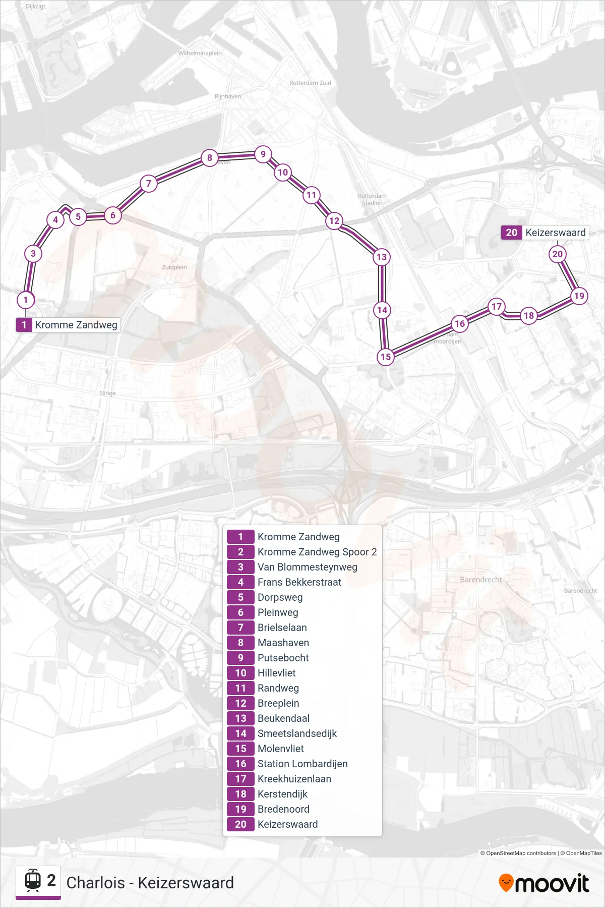 Lijn 2 (tram, Keizerswaard): route en haltes op de kaart