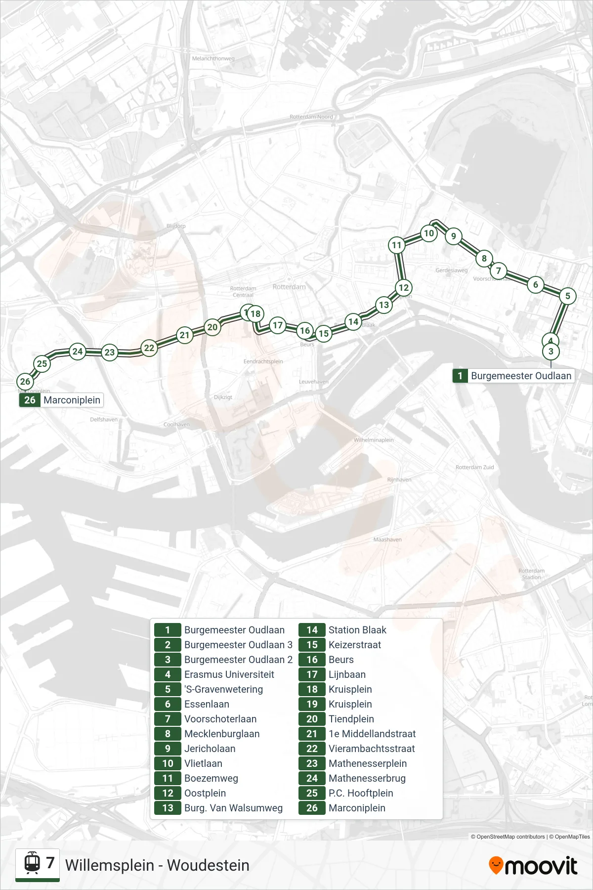7 tram Line (Willemsplein) route and stops on a map