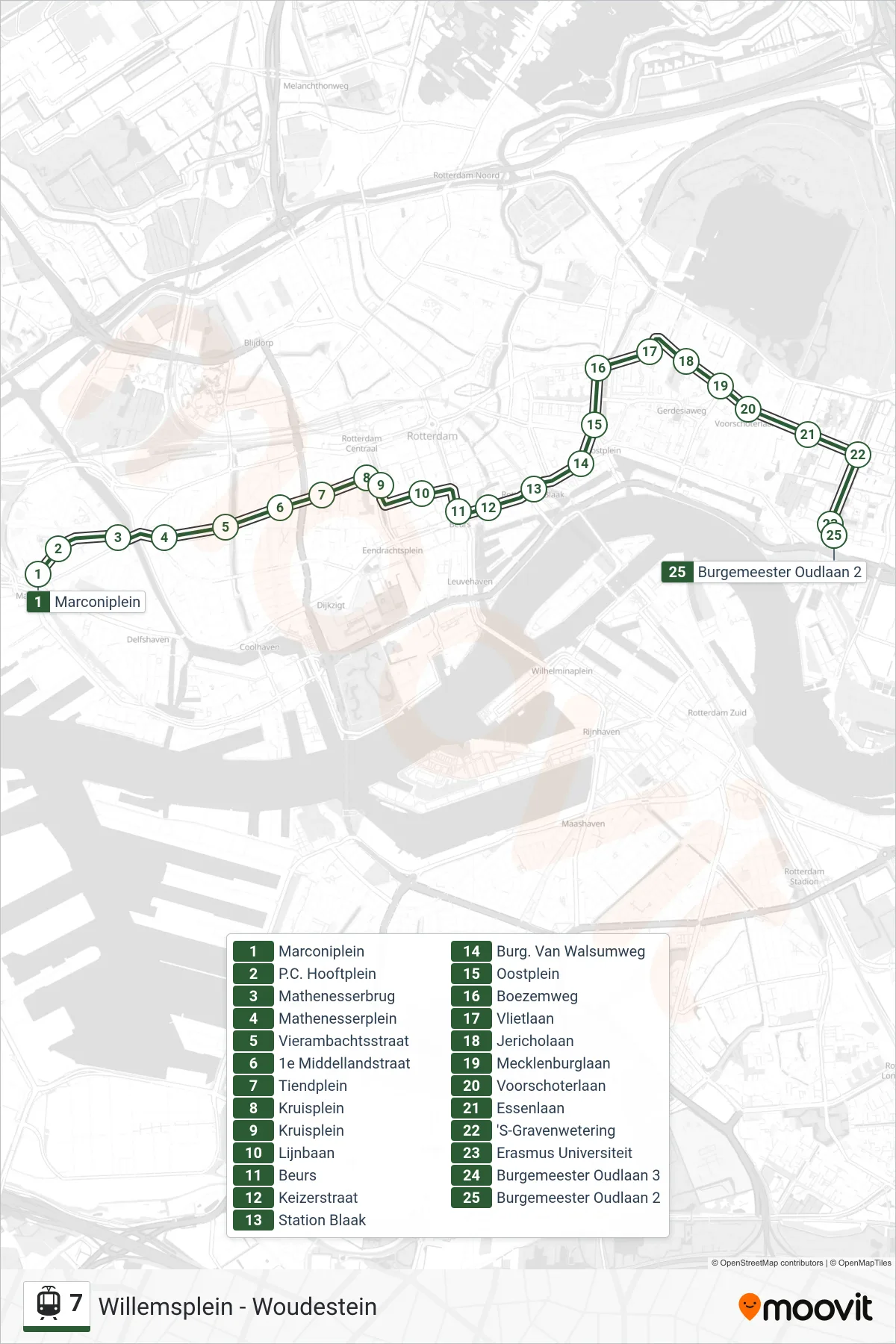 Lijn 7 (tram, Woudestein): route en haltes op de kaart