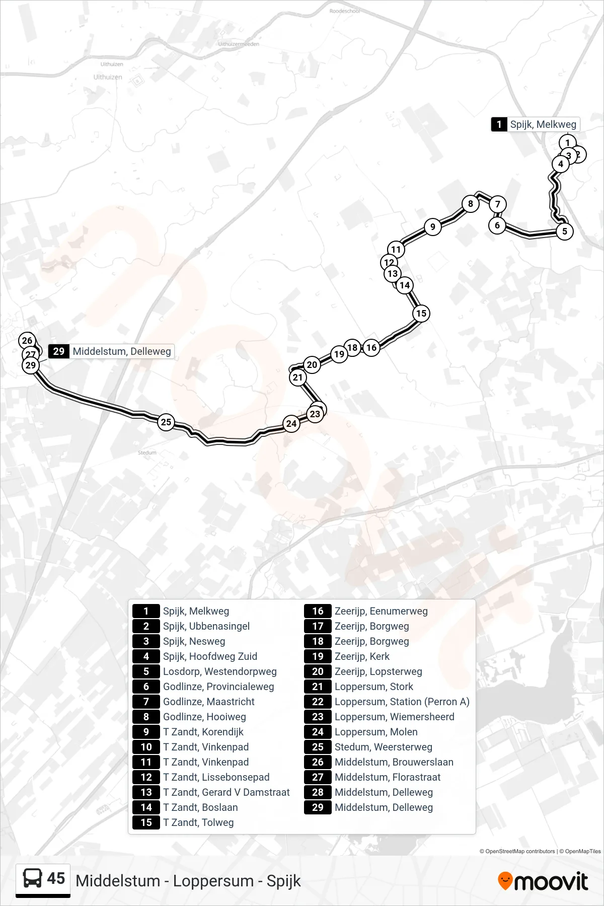 Lijn 45 (bus, Groningen): route en haltes op de kaart