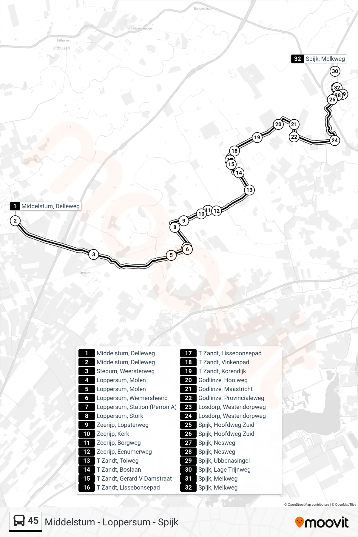 Lijn 45 (bus, Spijk): route en haltes op de kaart