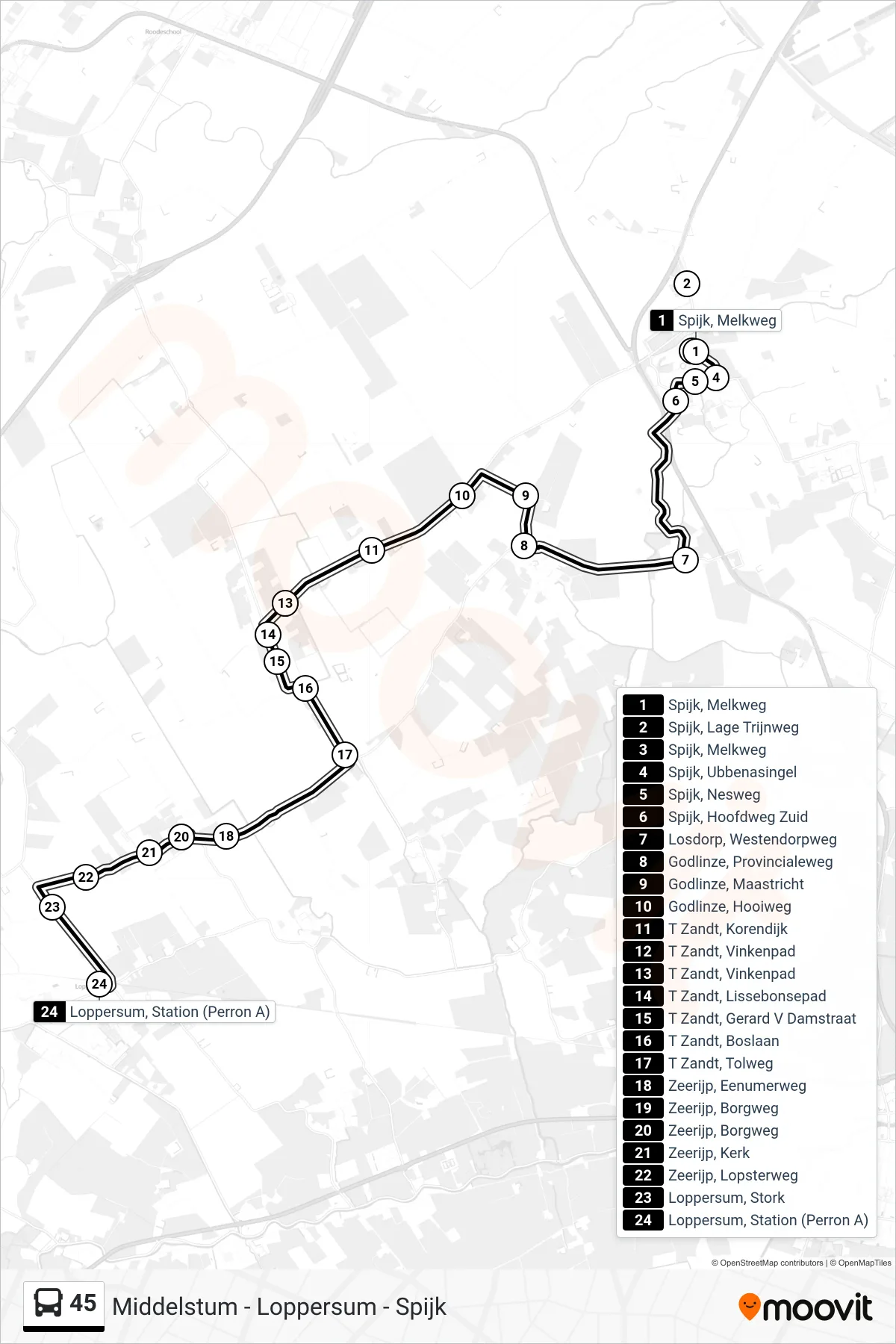 Lijn 45 (bus, Loppersum): route en haltes op de kaart