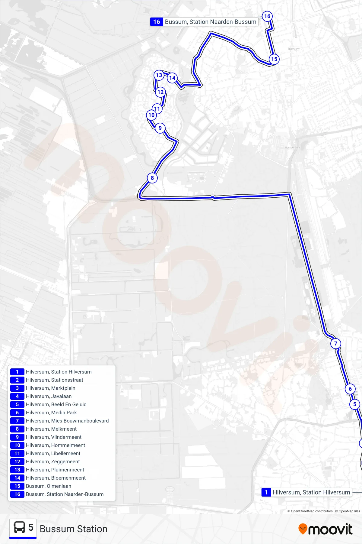 Lijn 5 (bus, Bussum Station): route en haltes op de kaart
