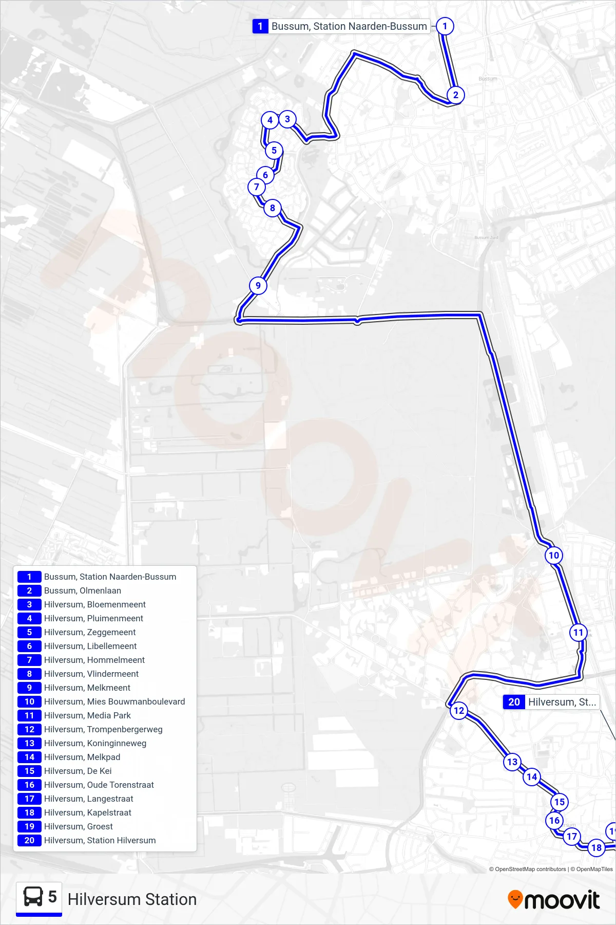 5 bus Line (Hilversum Station) route and stops on a map