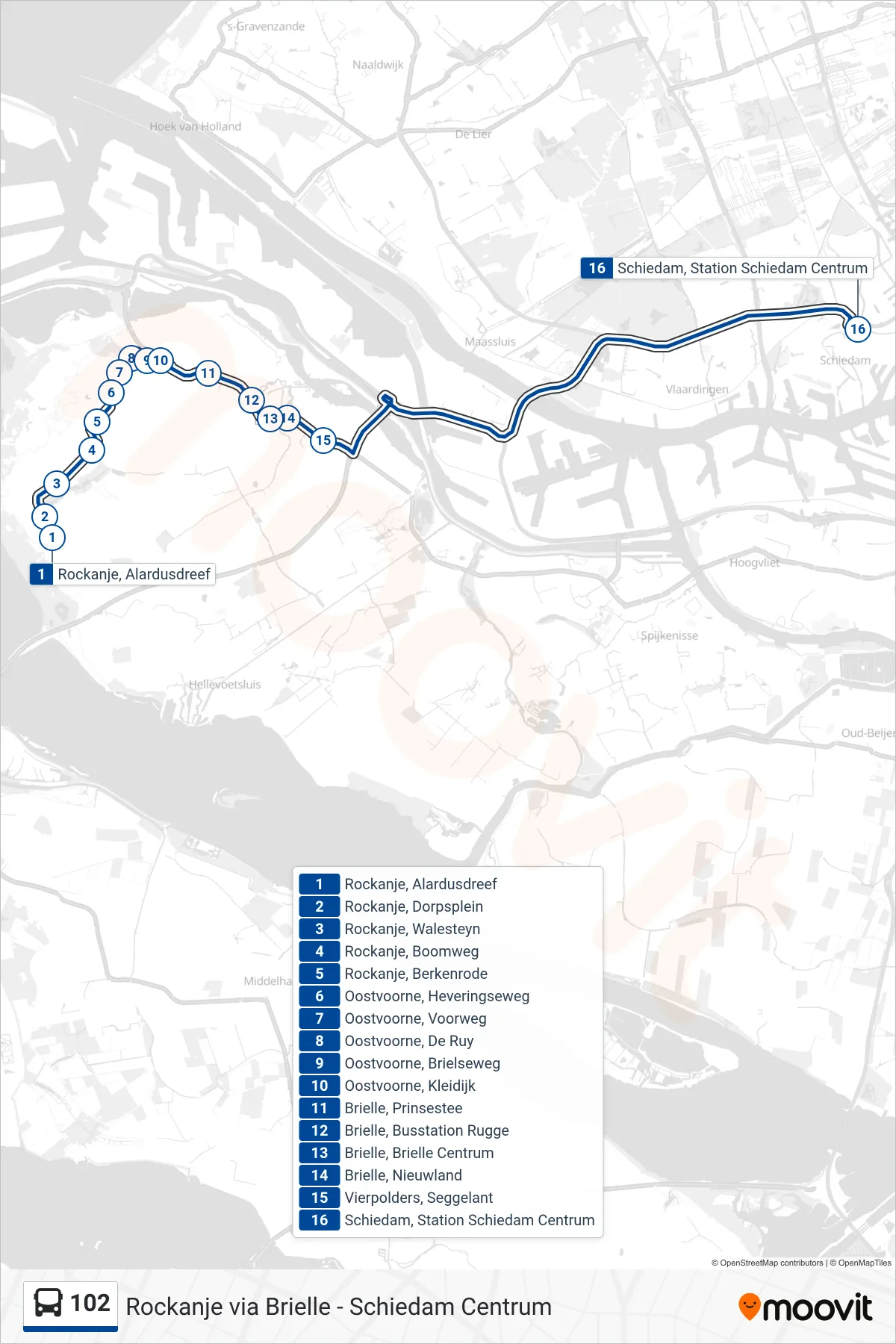 Lijn 102 (bus, Schiedam): route en haltes op de kaart