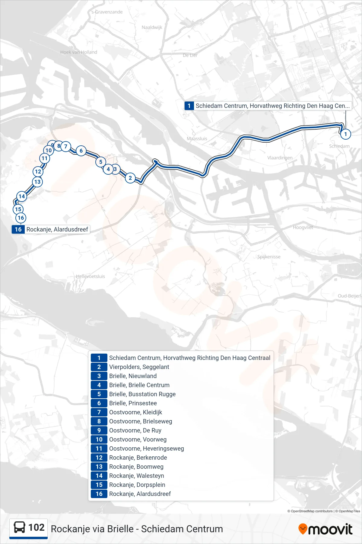 102 bus Line (Rockanje) route and stops on a map