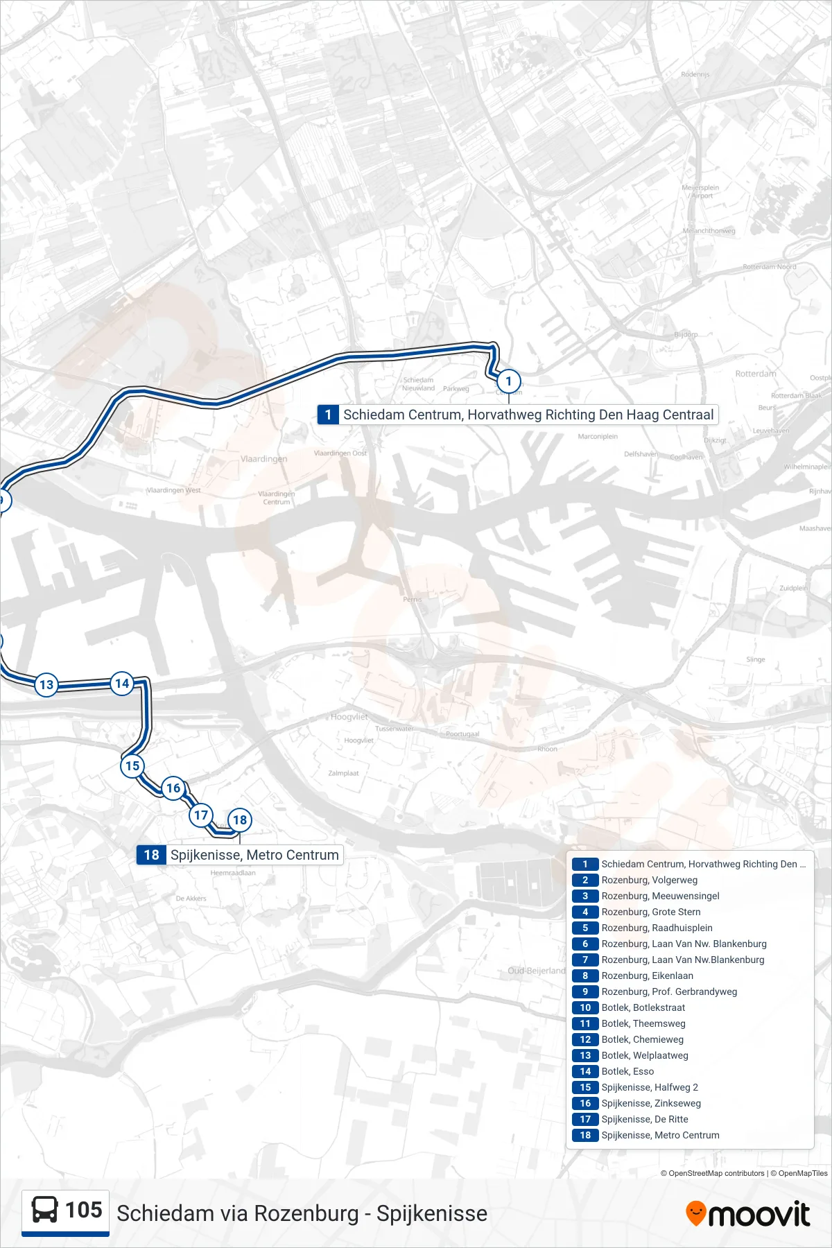 Lijn 105 (bus, Spijkenisse): route en haltes op de kaart