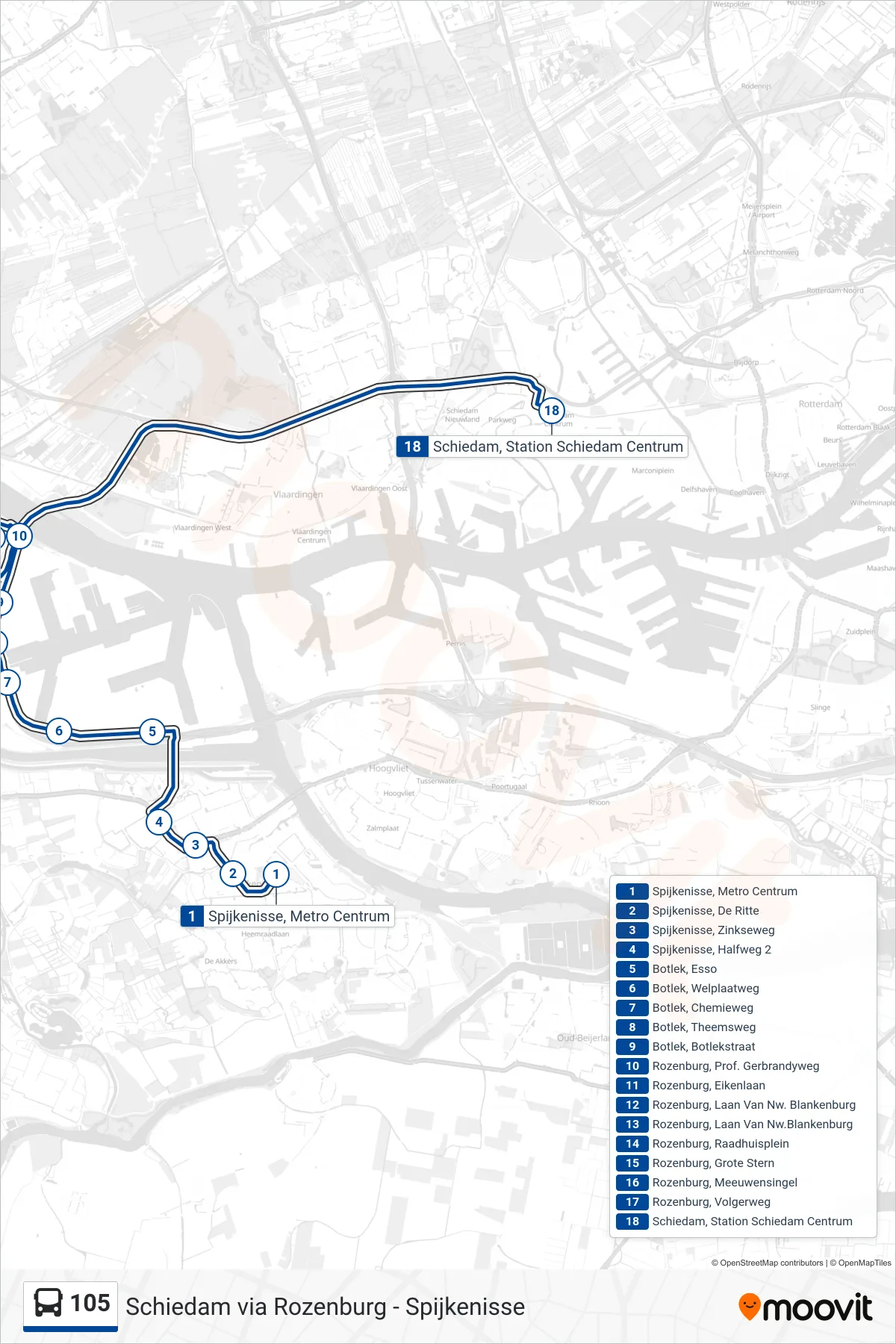 Lijn 105 (bus, Schiedam): route en haltes op de kaart